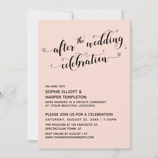 After the Wedding Celebration Script Hearts Blush Invitation (Front)