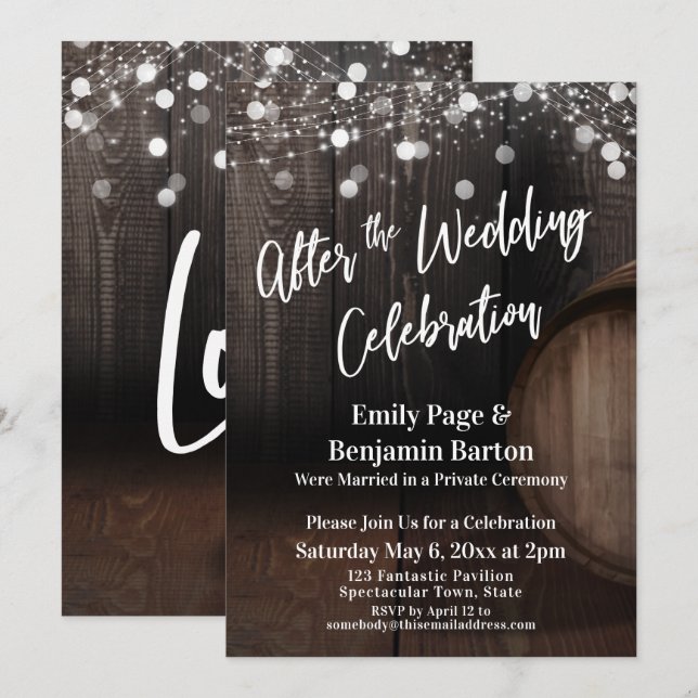 After the Wedding Celebration Wood Barrel & Lights Invitation (Front/Back)