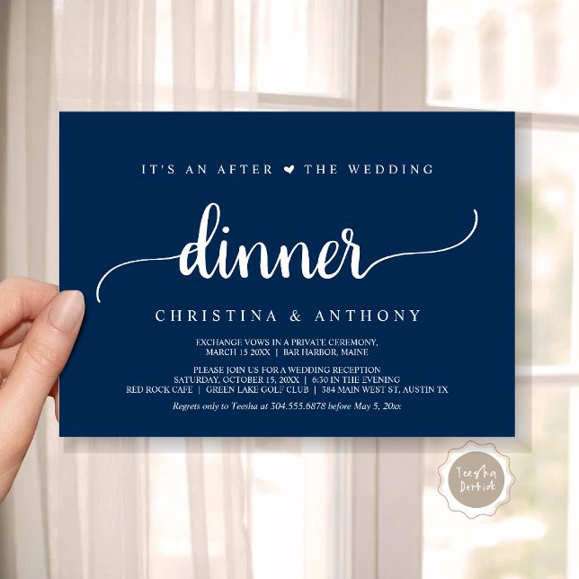 After The Wedding Dinner, Rustic Elopement Invitation (It's An After The Wedding Dinner, Elopement Invitation Card, Modern Rustic Script in Navy Blue.)