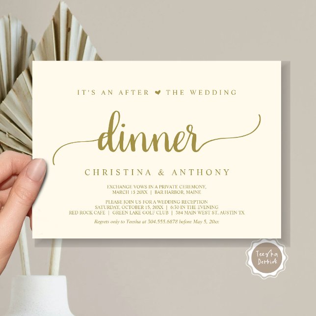 After The Wedding Dinner, Rustic Elopement Invitation (It's An After The Wedding Dinner, Elopement Invitation Card, Modern Rustic Script in Classy Gold.)