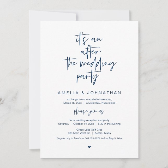 After the wedding, Navy Blue, Elopement Party Invitation (Front)