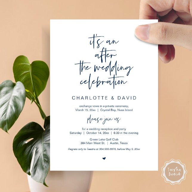 After the wedding, Navy Blue, Elopement Party Invitation (Its an after the wedding celebration, Elopement Dinner Party Invitation Card, PDF, in navy blue)