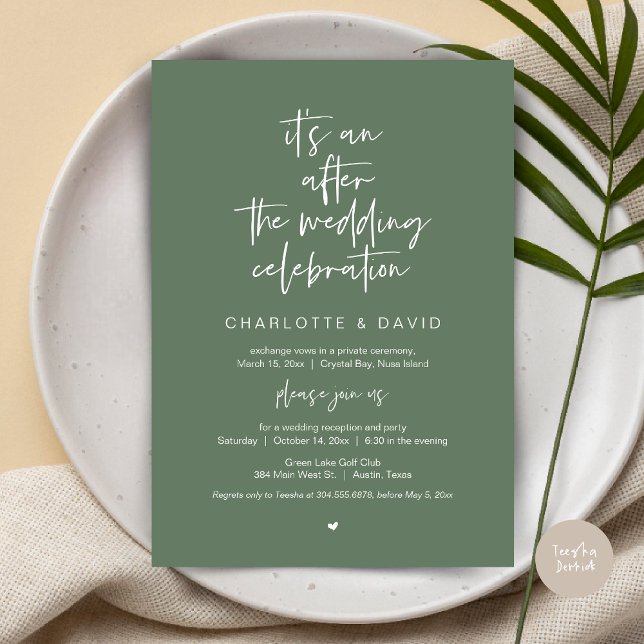 After the wedding, Navy Blue, Elopement Party Invitation (Its an after the wedding celebration, Elopement Dinner Party Invitation Card, PDF, in sage green)