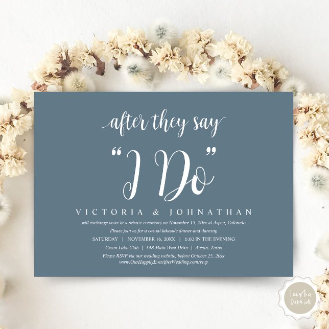 After They Say I DO, Wedding Elopement Dinner Invi Invitation (After They Say I DO, Wedding Elopement Dinner Invitation Card, PDF, Modern Rustic, Dark Dusty Blue)