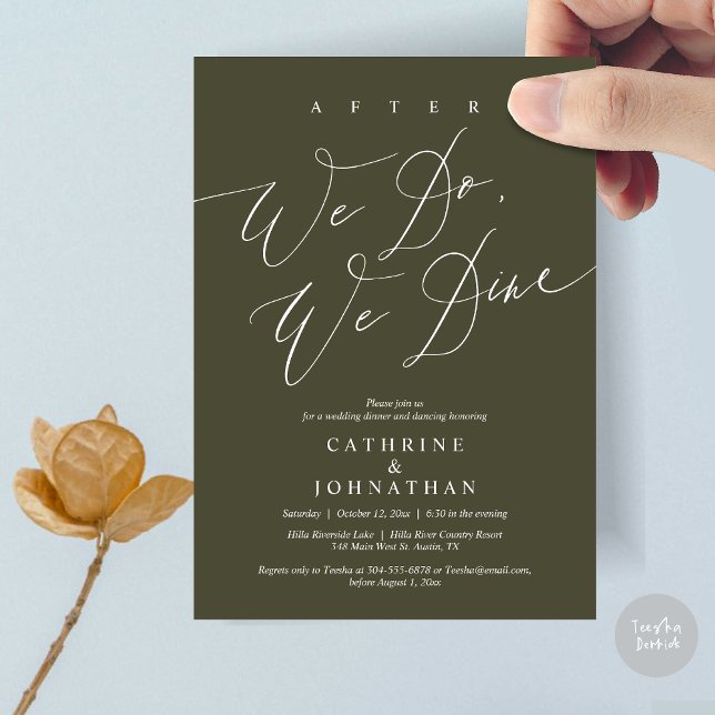 After we do, we dine, Wedding Dinner and Dancing Invitation (After we do, we dine, Modern Romance Wedding Dinner and Dancing Invitation Card, PDF, in Olive Green)