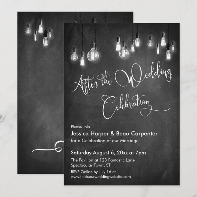 After Wedding Celebration Edison Lights Chalkboard Invitation (Front/Back)