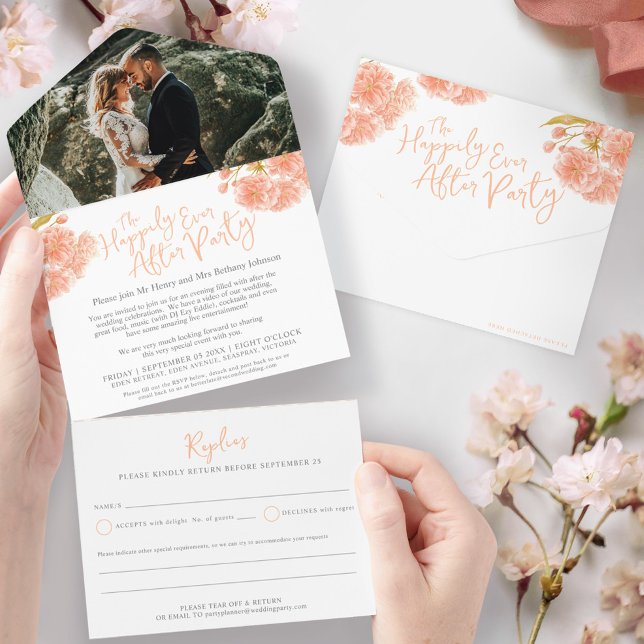 After wedding party photo peach spring blossom all in one invitation (Creator Uploaded)