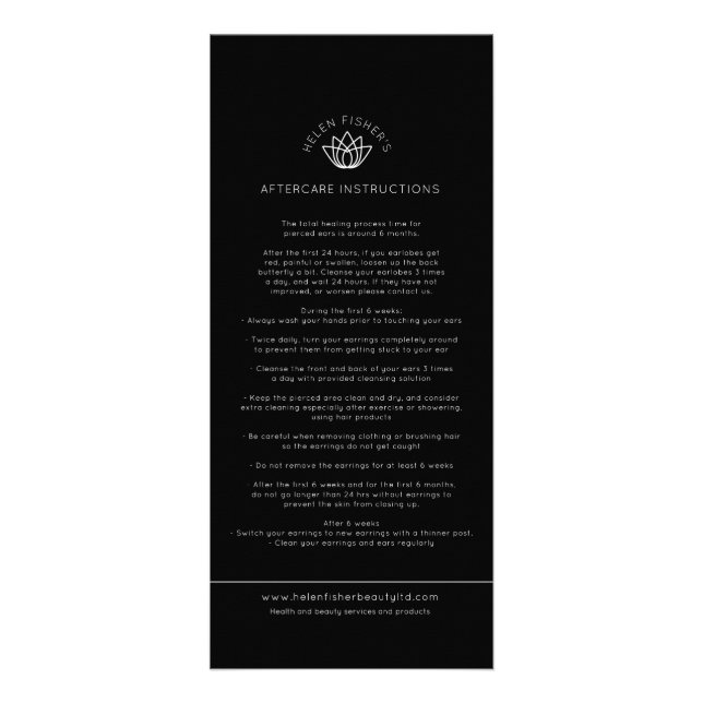 Aftercare ear piercing instructions black photo rack card (Front)