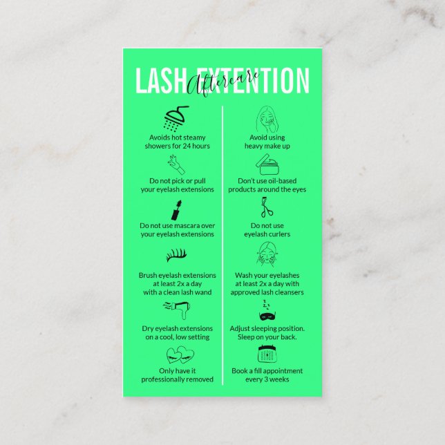 Aftercare for Lash Extension Neon Green  Business Card (Back)