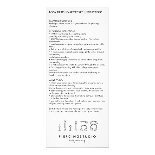 Aftercare Instructions Body Piercing Modern Rack Card (Front)