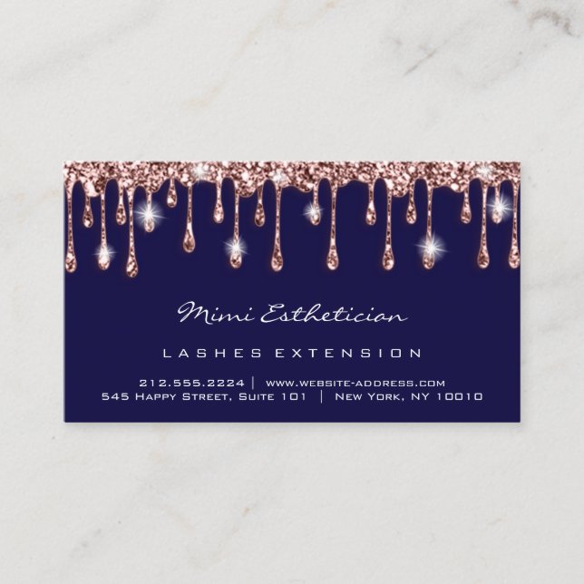 Aftercare Instructions Lash Rose Glitter Drip Navy Business Card (Front)