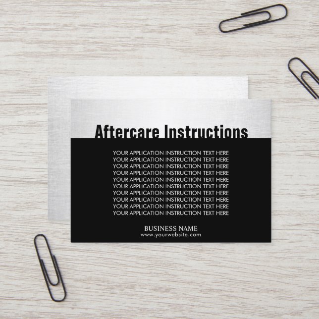 Aftercare Instructions Modern Silver Beauty Salon Business Card (Front/Back In Situ)