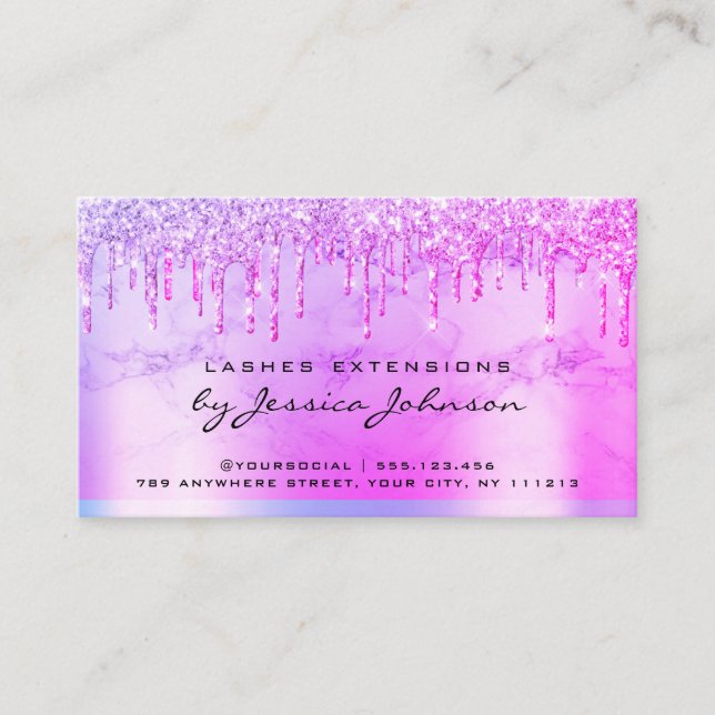 Aftercare Instructions Purple Glossy Glitter Drips Business Card (Front)