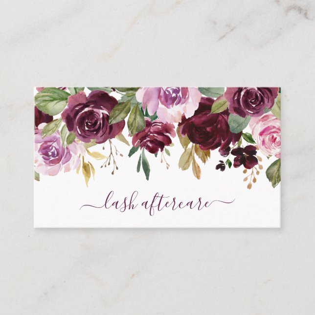 Aftercare Lashes Floral Purple Watercolor Elegant Business Card (Front)