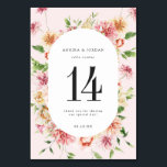 Afterglow Garden Floral Wedding Table Number<br><div class="desc">This romantic floral wedding table number features soft watercolor blooms in blush, peach, and garden green, framed around a clean arch silhouette for a refined, feminine look. Designed to complement elegant place settings and reception décor, it blends flirty florals with modern typography for a timeless tablescape. Fully customizable, you can...</div>