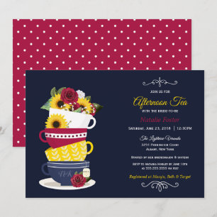 Afternoon Tea Bridal Shower Navy Roses Sunflowers Invitation