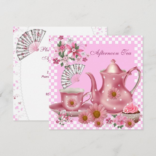 Afternoon Tea Cupcake Pink Floral Teapot Fan Invitation (Front/Back)