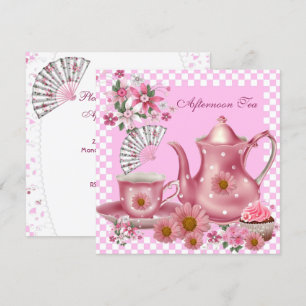 Afternoon Tea Cupcake Pink Floral Teapot Fan Invitation