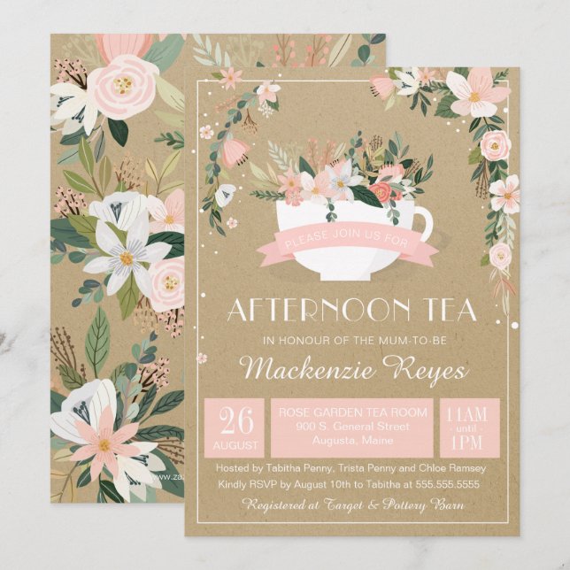 Afternoon Tea Floral Teacup Baby Shower Invitation (Front/Back)