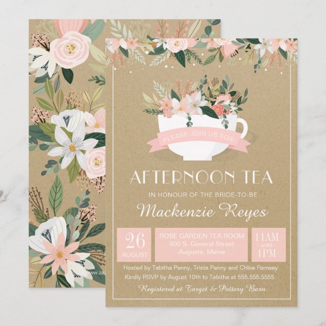 Afternoon Tea Floral Teacup Blush Bridal Shower Invitation (Front/Back)
