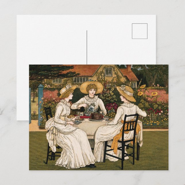 Afternoon Tea in Garden, Tea,Cake,& Friendship Art Postcard (Front/Back)