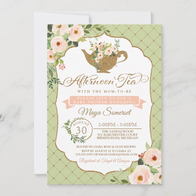 Afternoon Tea Luxury Blush Mint Floral Baby Shower Invitation (Front)