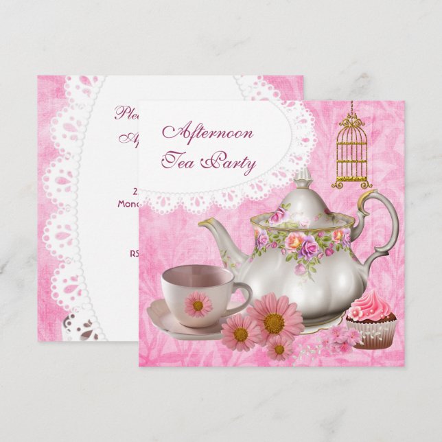 Afternoon Tea Party Cupcake Pink Floral Teapot Invitation (Front/Back)