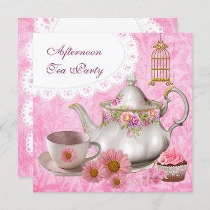 Afternoon Tea Party Cupcake Pink Floral Teapot Invitation