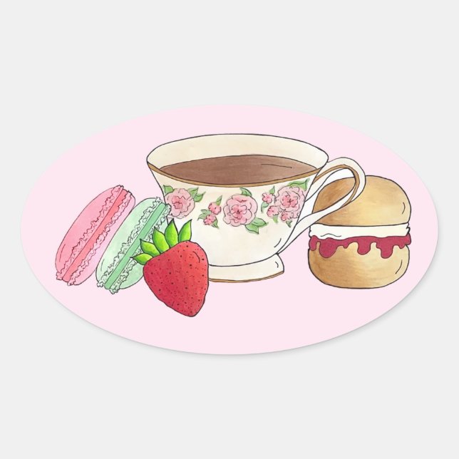 Afternoon Tea Party Macarons Teacup Cream Scone Oval Sticker (Front)