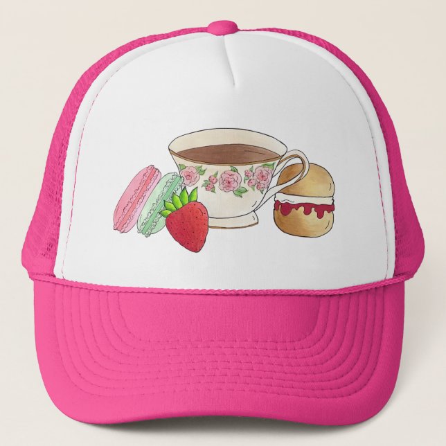 Afternoon Tea Party Macarons Teacup Cream Scone Trucker Hat (Front)