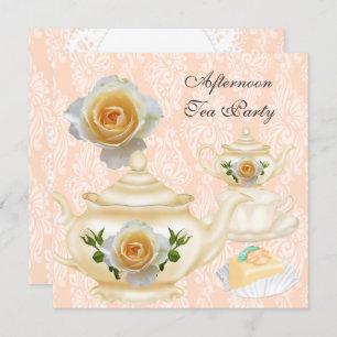 Afternoon Tea Party Peach Coral Floral Teapot Invitation