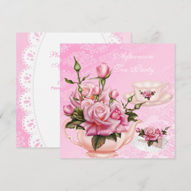 Afternoon Tea Party Pink Peach Rose Floral Teapot Invitation (Front/Back)