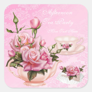 Afternoon Tea Party Pink Peach Rose Floral Teapot Square Sticker