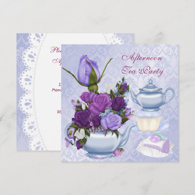 Afternoon Tea Party Purple Floral Teapot Invitation (Front/Back)
