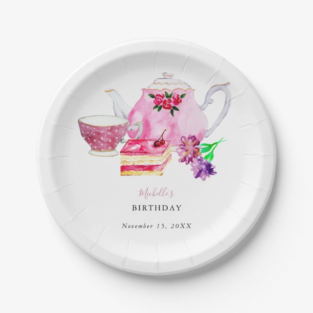 Afternoon Tea Party Script Elegant Pink Birthday  Paper Plate (Front)