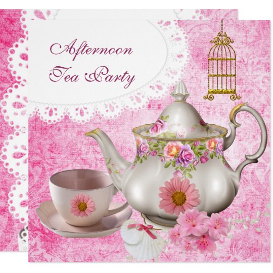 Afternoon Tea Party Vintage Pink Floral Teapot Invitation Zazzle Co Uk