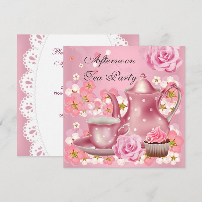 Afternoon Tea Party Vintage Pink Rose Teapot Invitation (Front/Back)