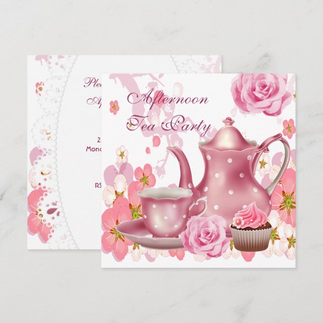 Afternoon Tea Party Vintage Pink Rose Teapot Invitation (Front/Back)