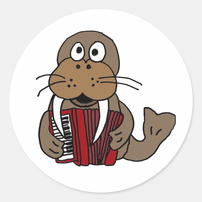 AG- Funny Walrus Playing Accordion Cartoon Classic Round Sticker (Front)