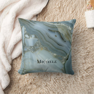 Agate Baby Blue Gold Marble Custom Name Letter  Cushion