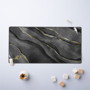 Agate Black and Gold Marble Custom Name Letter Desk Mat