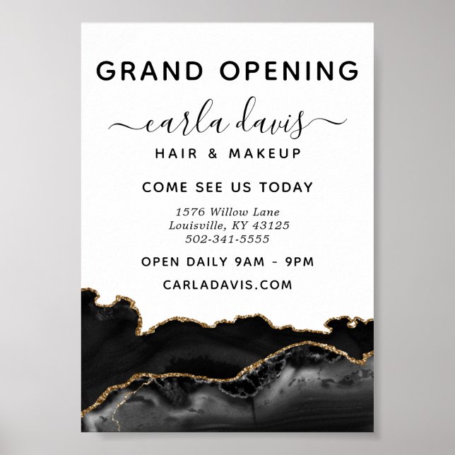 Agate Black And Gold Marble Salon Grand Opening Poster (Front)