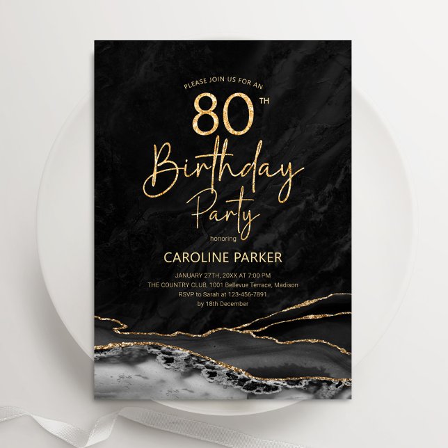 Agate Black Gold 80th Birthday Invitation (Creator Uploaded)