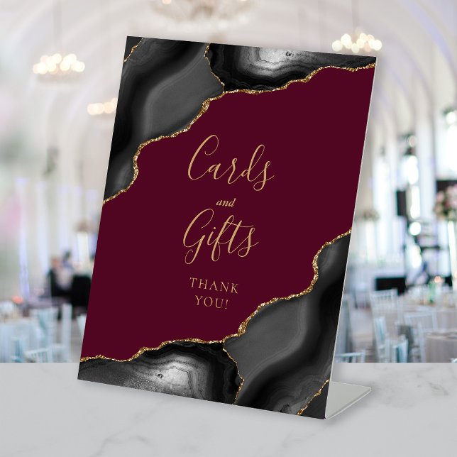 Agate Black Gold Burgundy Wedding Cards and Gifts Pedestal Sign (Creator Uploaded)