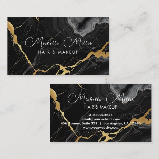 Agate Black Gold Marble Makeup Artist Beauty Salon Business Card (Front/Back)