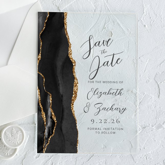 Agate Black Gold Modern Script Wedding Acrylic Invitations (Creator Uploaded)