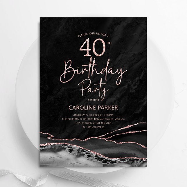 Agate Black Rose Gold 40th Birthday Invitation (Creator Uploaded)