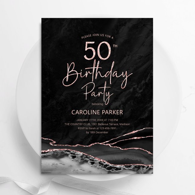 Agate Black Rose Gold 50th Birthday Invitation (Creator Uploaded)