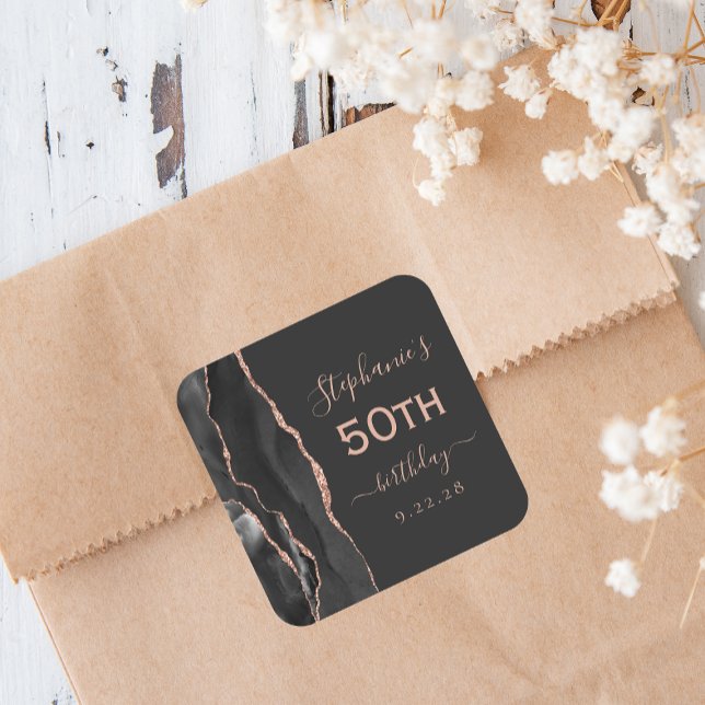 Agate Black Rose Gold Dark 50th Birthday Square Sticker (Creator Uploaded)