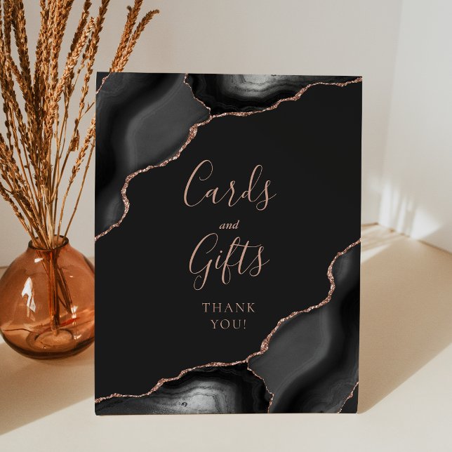 Agate Black Rose Gold Dark Wedding Cards and Gifts Pedestal Sign (Creator Uploaded)